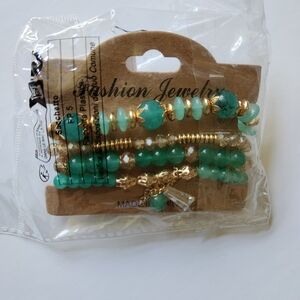 Elegant Green and Gold Beaded Bracelet Set